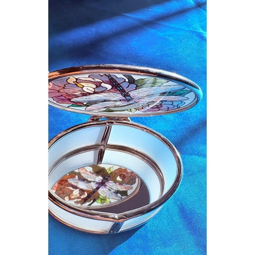 Amia Studios Hand Painted Dragonfly Glass Trinket Box Mirrored Jewelry Case‎